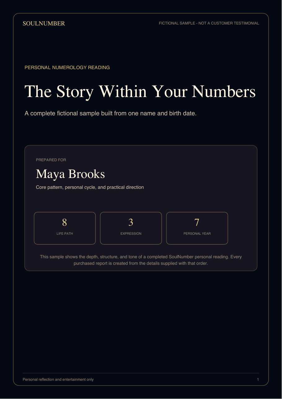 Fictional SoulNumber personal reading cover for Maya Brooks